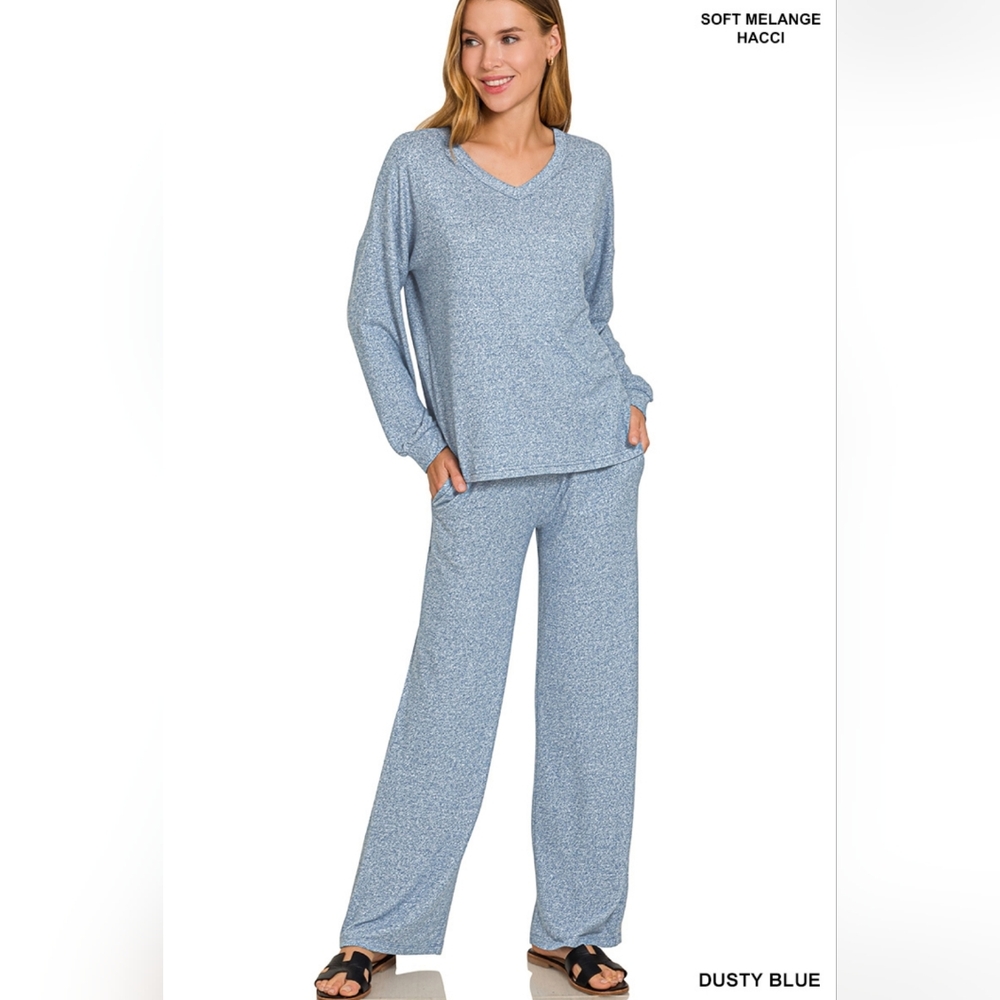 Zenana Soft Melange Hacci Long Sleeve Vneck Top & Pant Lounge Set Small
